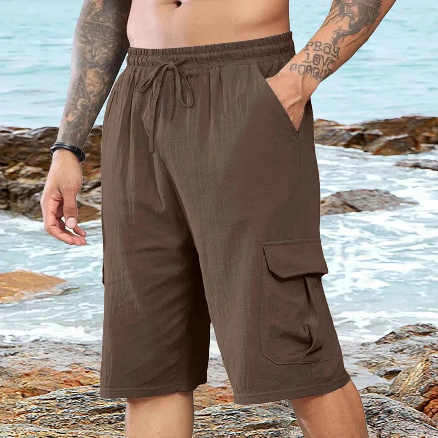 Shorts de plage en lin pour hommes avec taille élastique décontractée