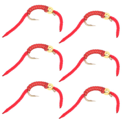 San Juan Gold Bead Power Worm Nymph Flies - Set of 6 Size 14 - Korvel