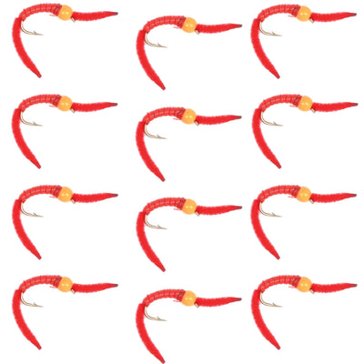 Orange Bead Head San Juan Worm Nymph Flies - 12 Pack, Size 14 - Korvel