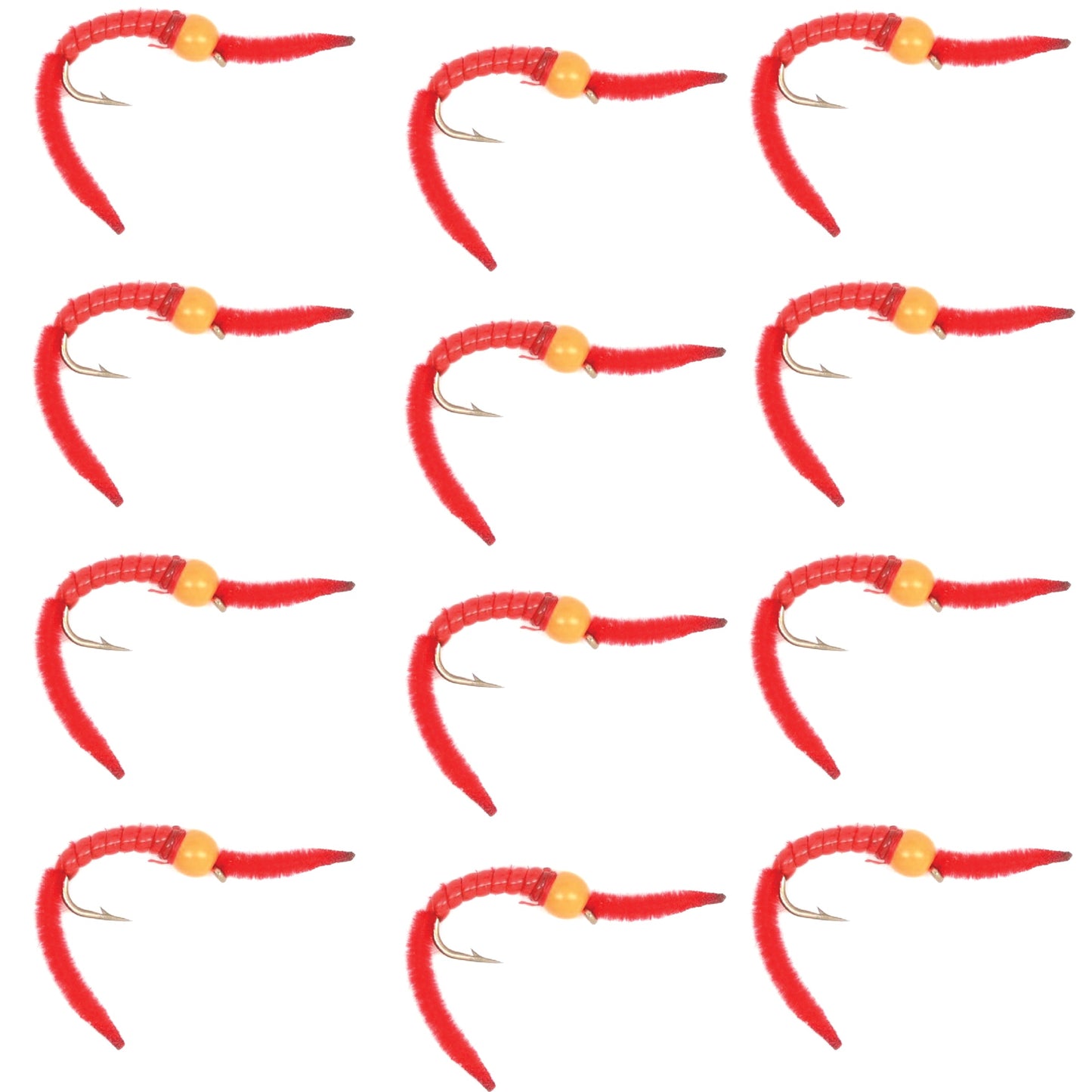 Vibrant Orange Bead Head San Juan Worm Nymph Flies - 12 Pack Size 12 - Korvel