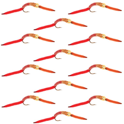 Premium Bead Head San Juan Worm Nymph Flies - 12 Pack Size 14 - Korvel
