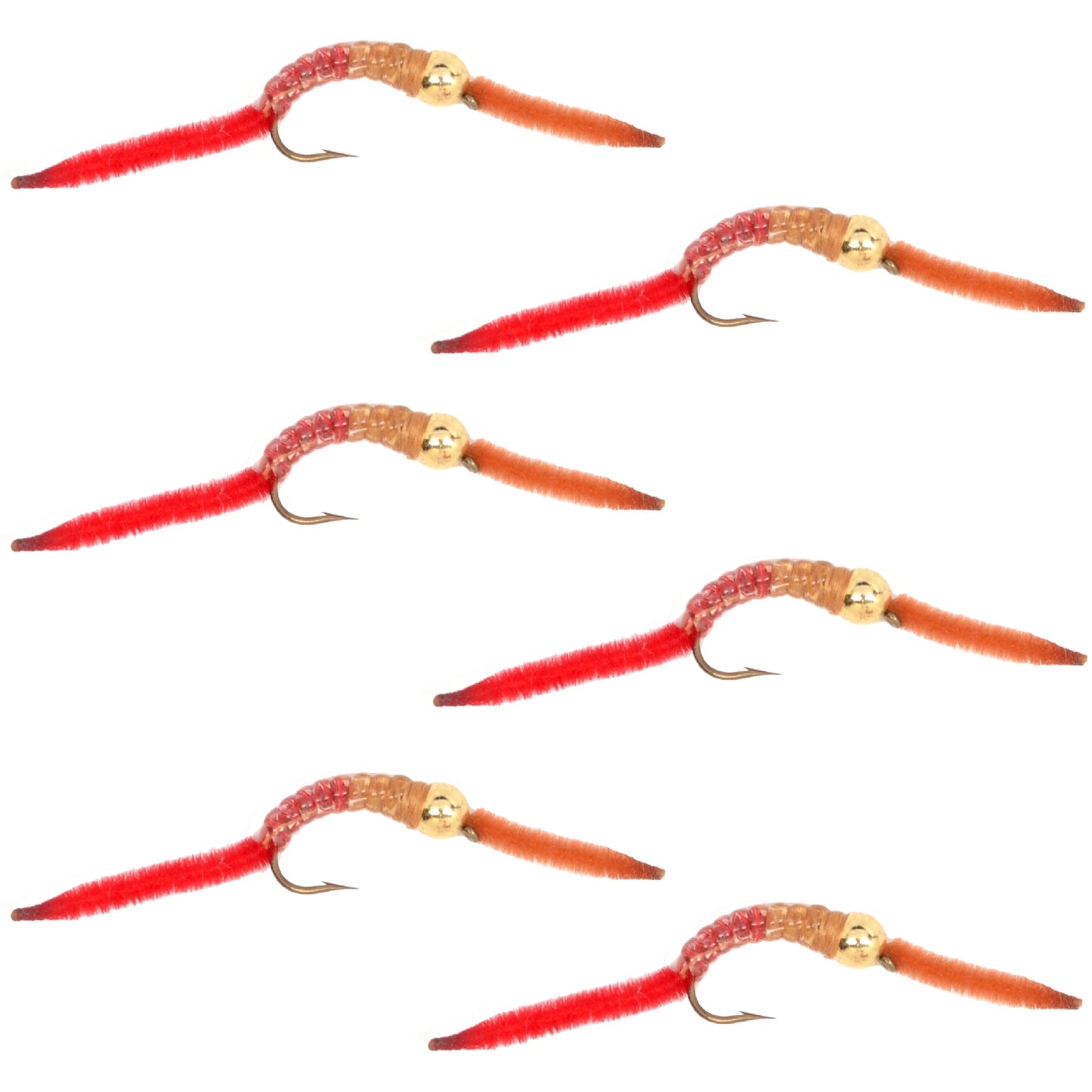 Gold Bead San Juan Worm Nymph Flies - Set of 6 Size 14 - Korvel