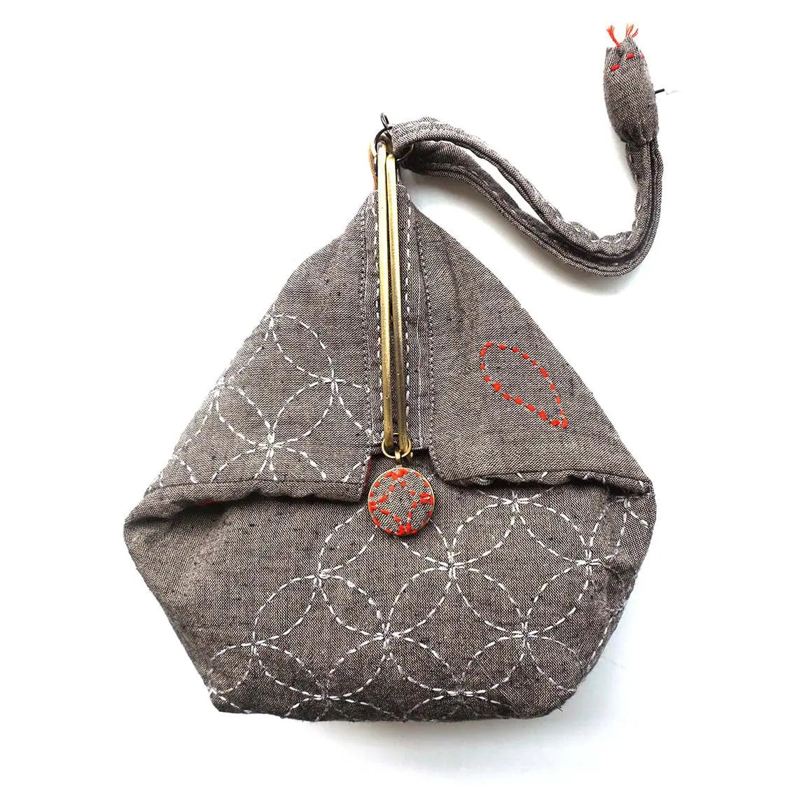 Sashiko Slide Clasp Pouch Half Kit - Brown