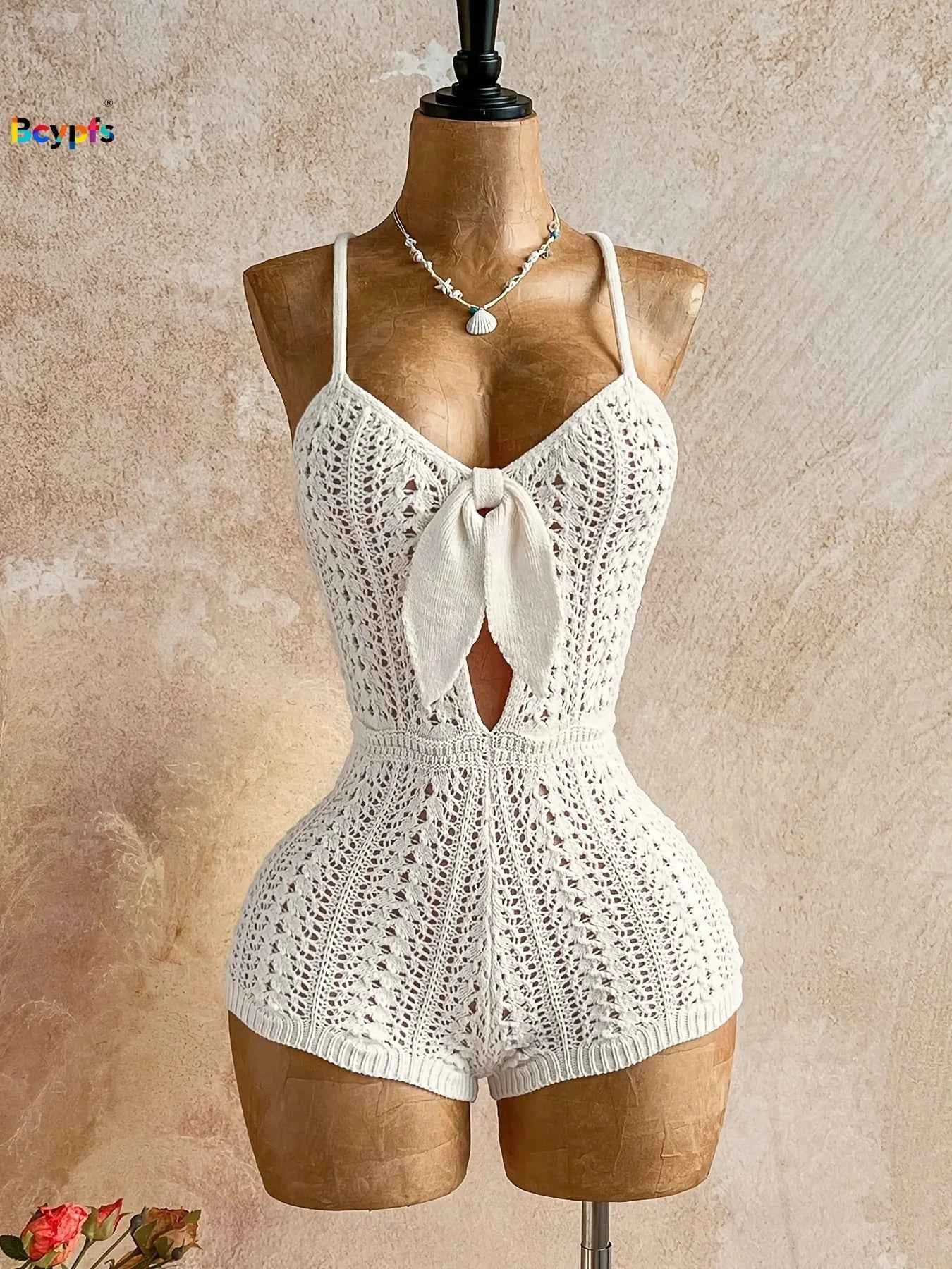 Boho Crochet Romper - White Front Tie Backless