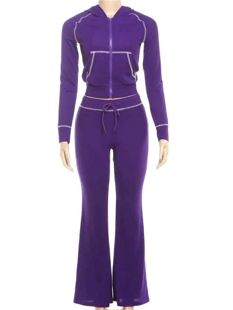 Conjunto de chándal con capucha y cremallera para mujer con pantalones acampanados