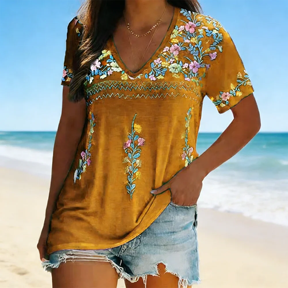 Camiseta de Manga Corta con Escote en V Bohemio