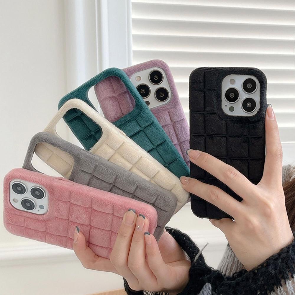 Plush Square Lattice Phone Case for iPhone - Soft & Stylish
