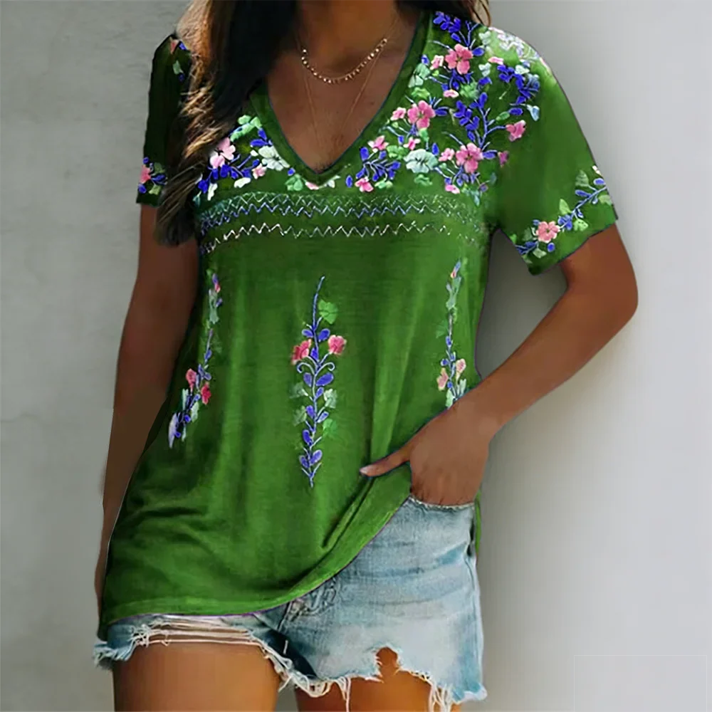 Camiseta de Manga Corta con Escote en V Bohemio