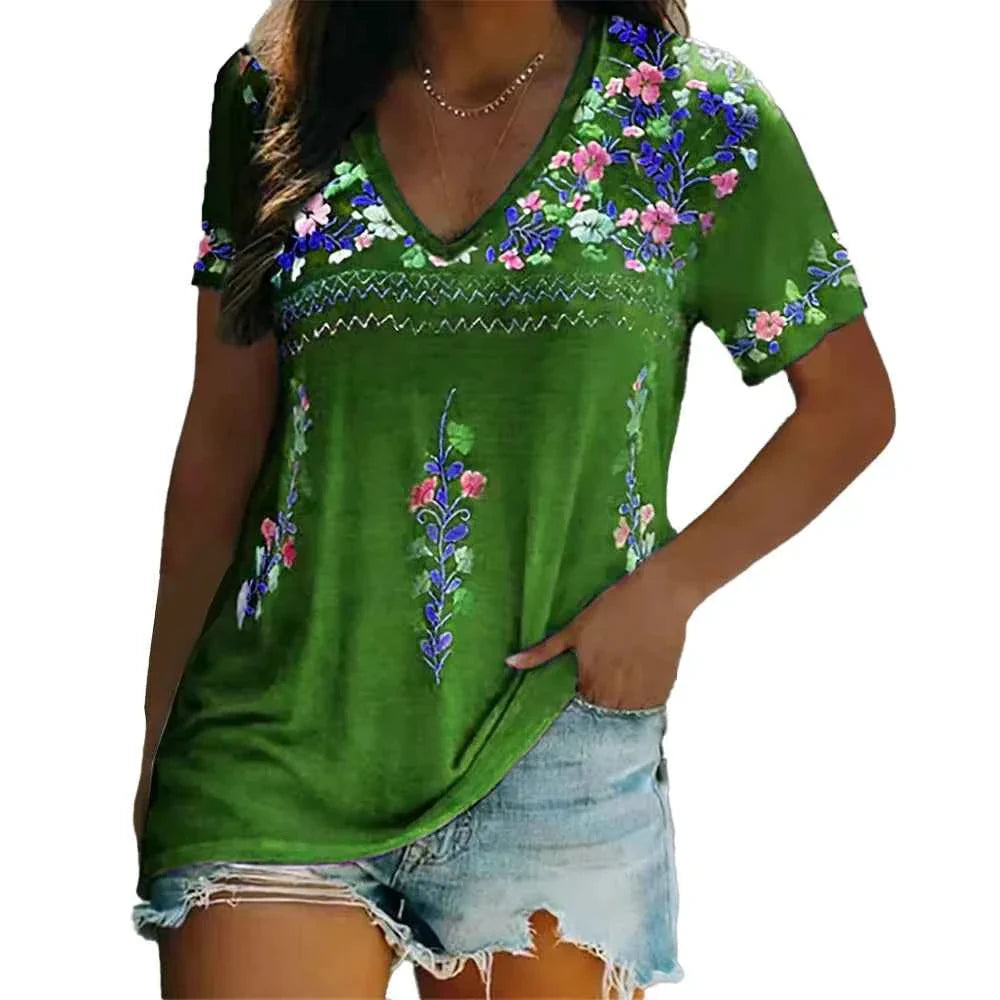 Camiseta de Manga Corta con Escote en V Bohemio