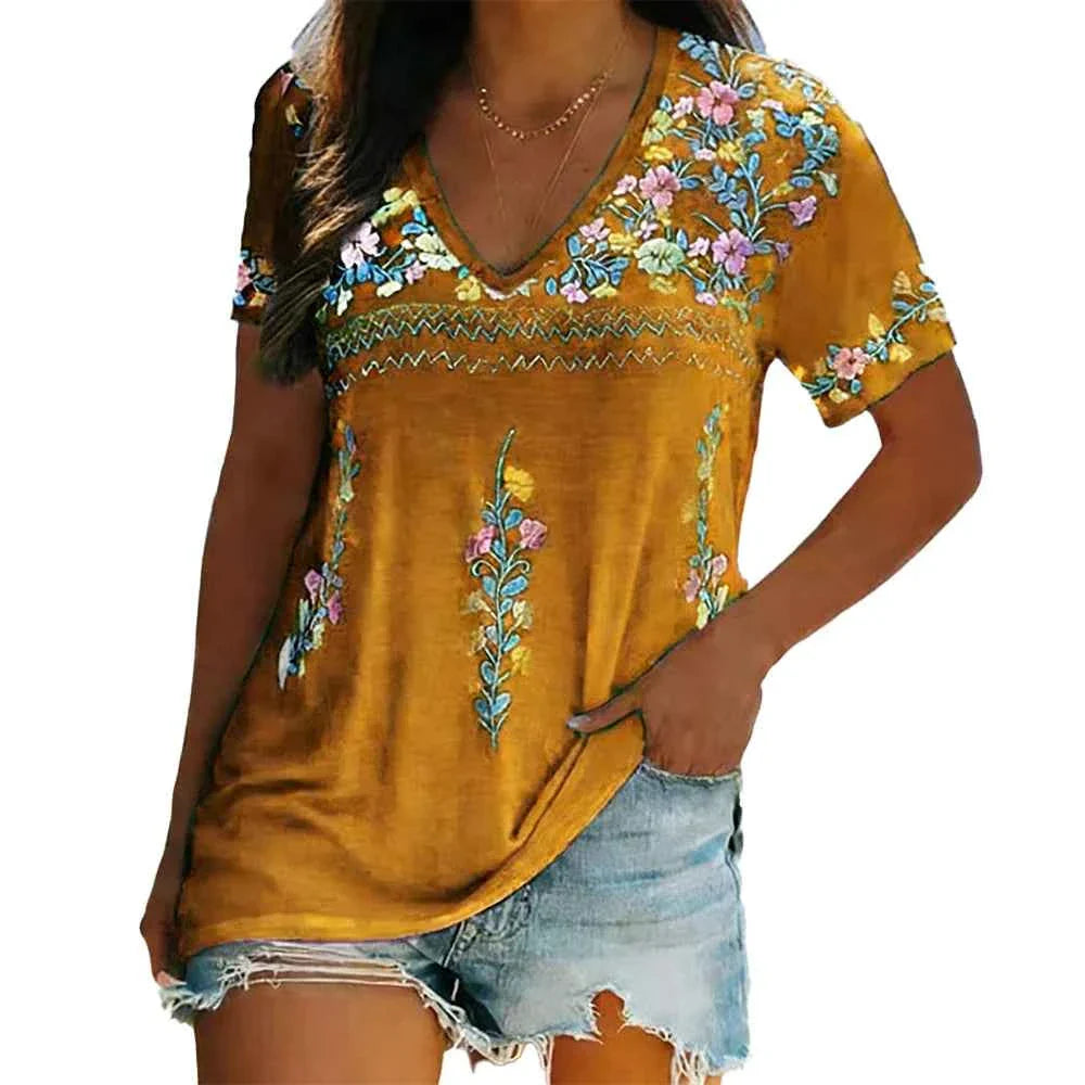 Camiseta de Manga Corta con Escote en V Bohemio
