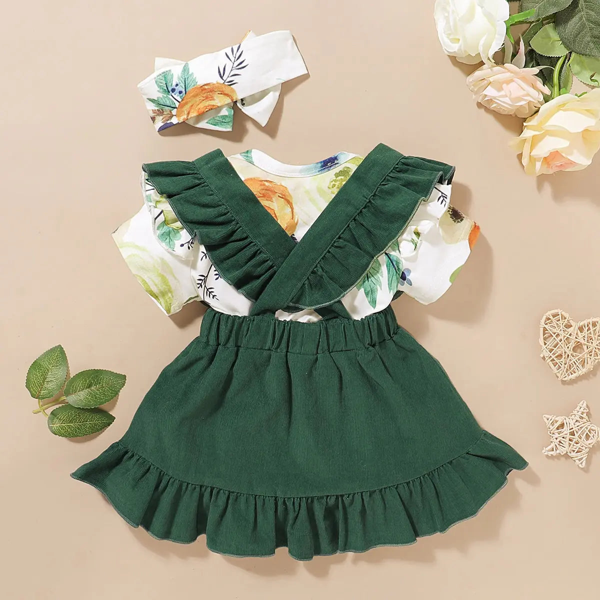Three-Piece Girls Cotton Set: Romper, Skirt & Headband