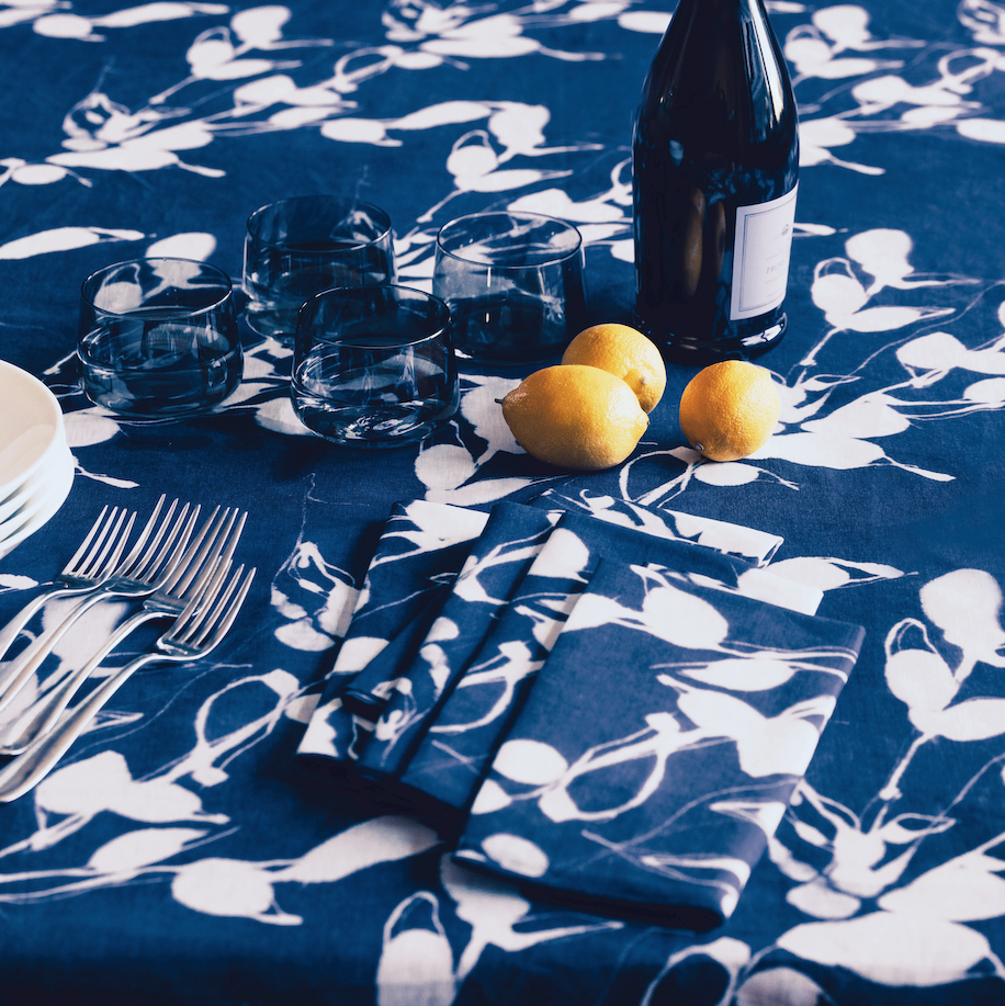Porto Print Indigo Tablecloth - Elegant European Linen