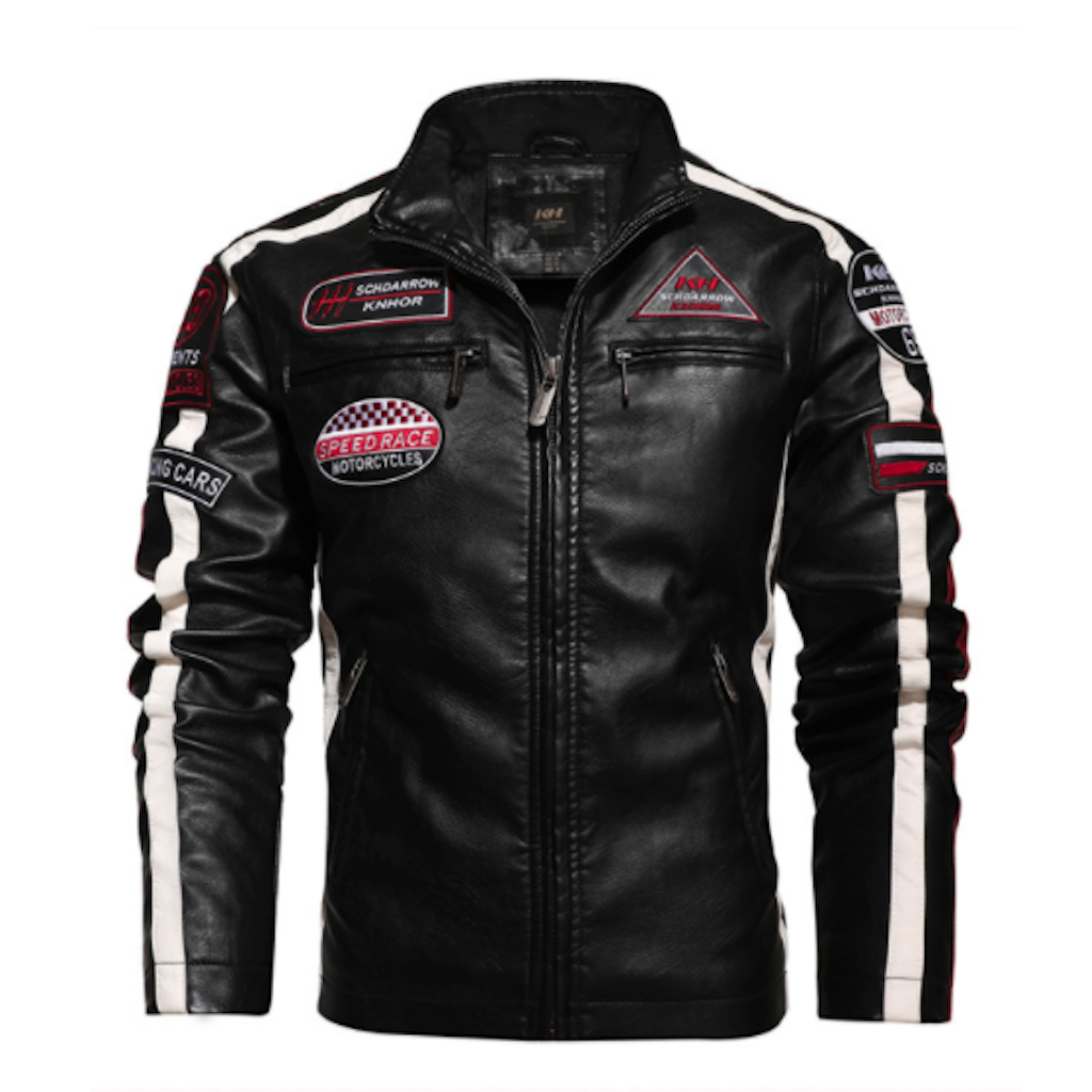 Chaqueta de Cuero Vegano para Hombre Estilo Biker con Insignias