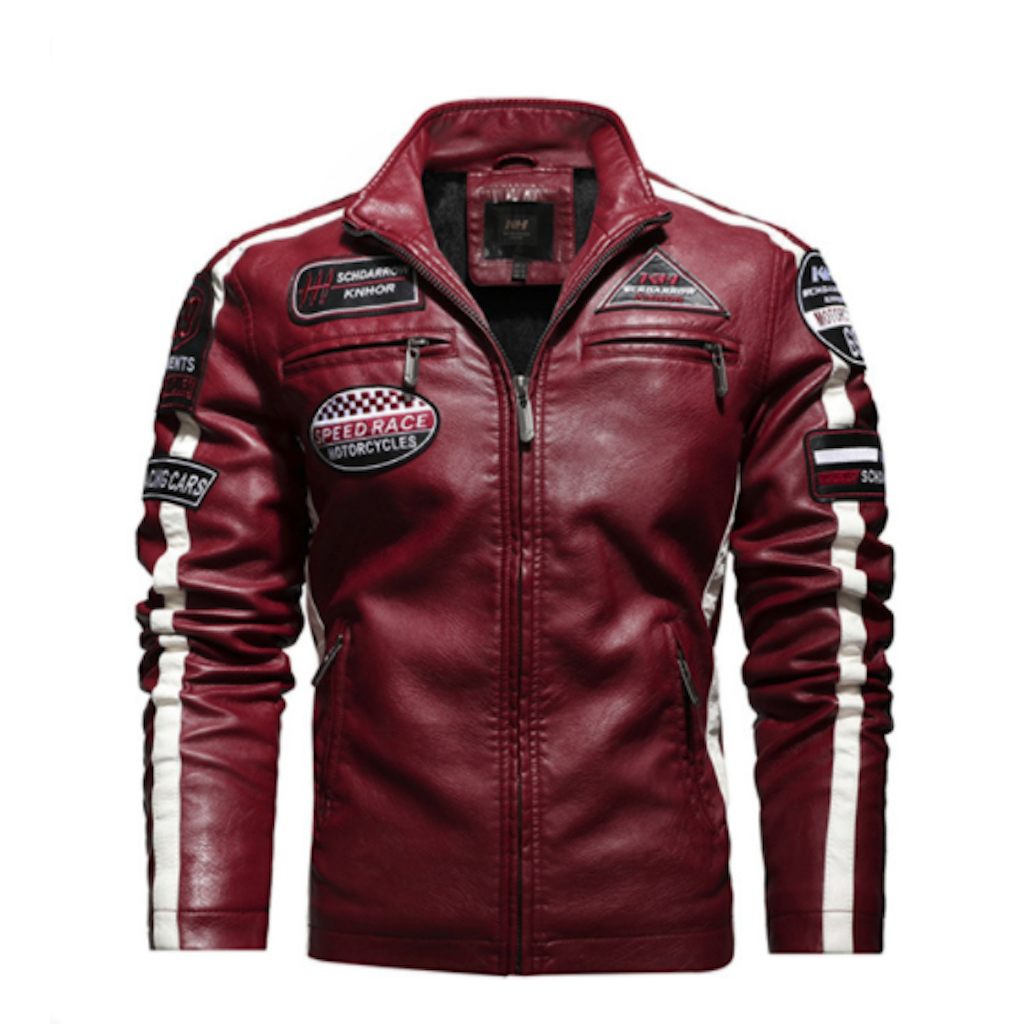 Chaqueta de Cuero Vegano para Hombre Estilo Biker con Insignias