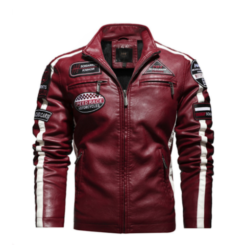 Chaqueta de Cuero Vegano para Hombre Estilo Biker con Insignias