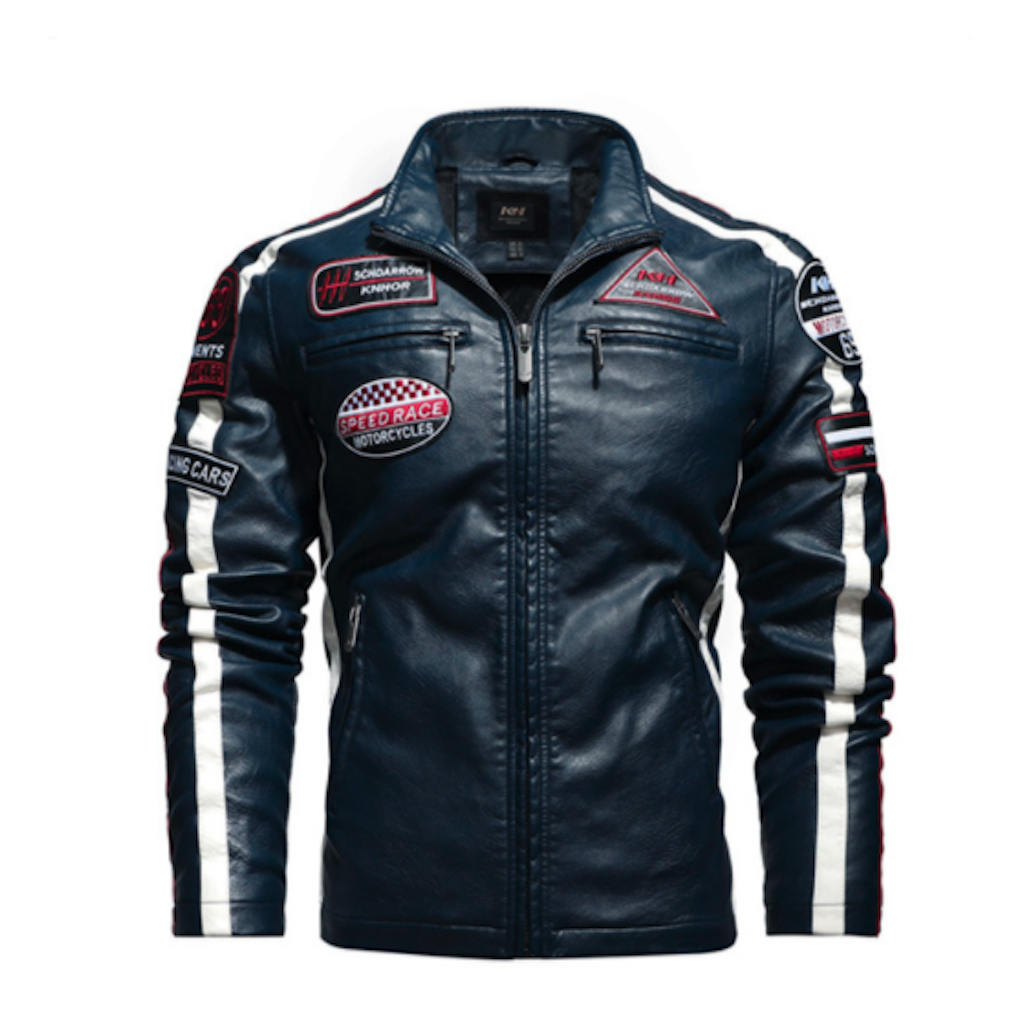 Chaqueta de Cuero Vegano para Hombre Estilo Biker con Insignias