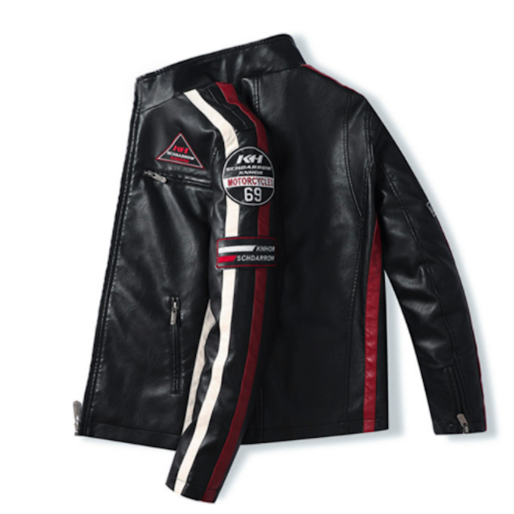 Chaqueta de Cuero Vegano para Hombre Estilo Biker con Insignias