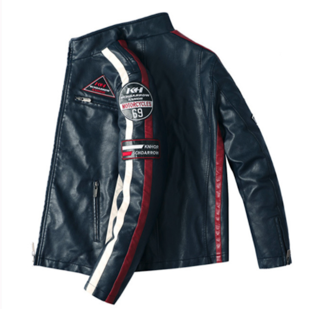 Chaqueta de Cuero Vegano para Hombre Estilo Biker con Insignias