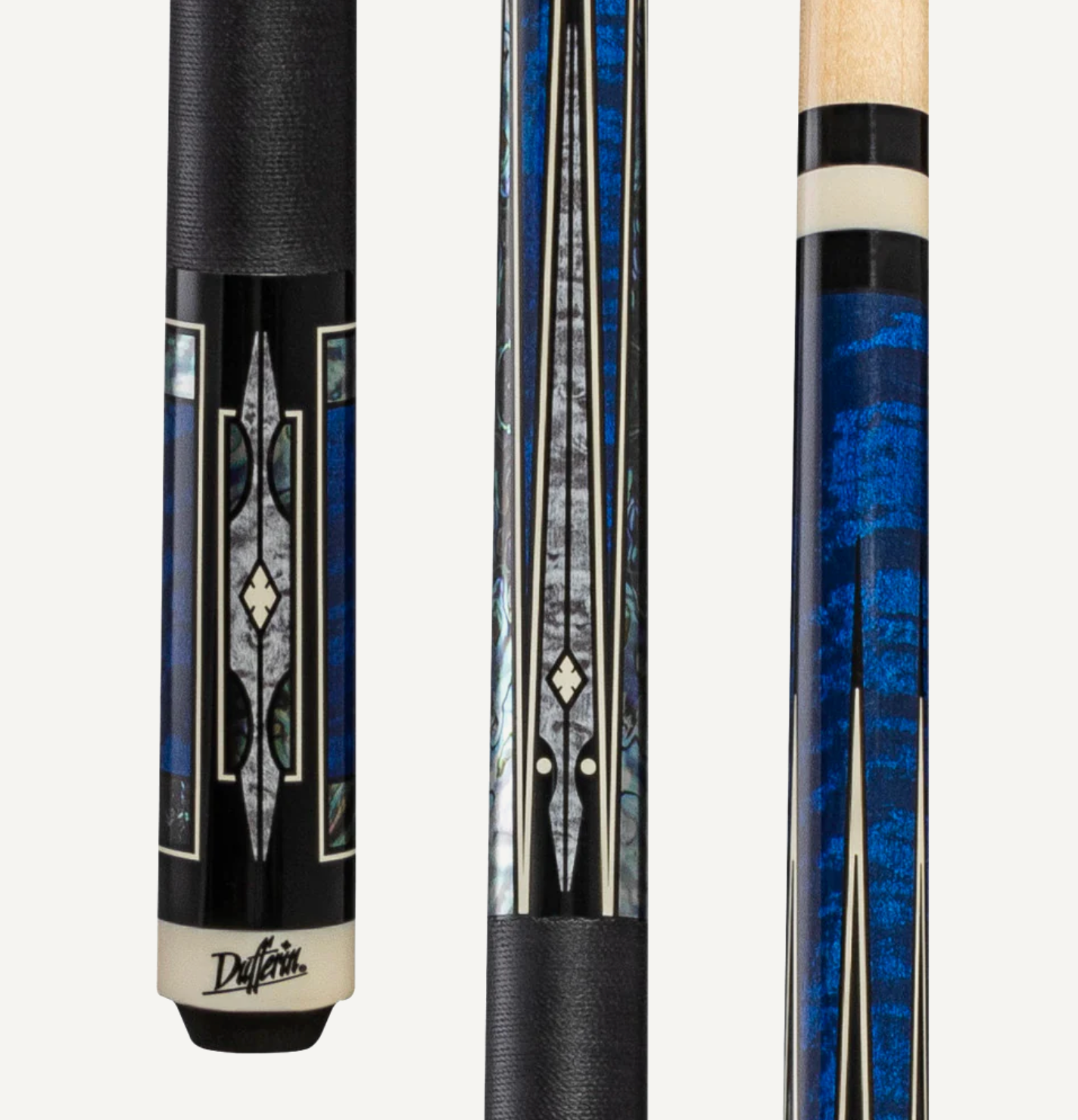 Elegant Dufferin Blue Curly Maple Billiard Cue with Luxurious Black Linen Wrap - Korvel