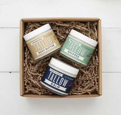 Unscented Tallow Skincare Trio - Whipped Moisturizer, Body Butter & Balm
