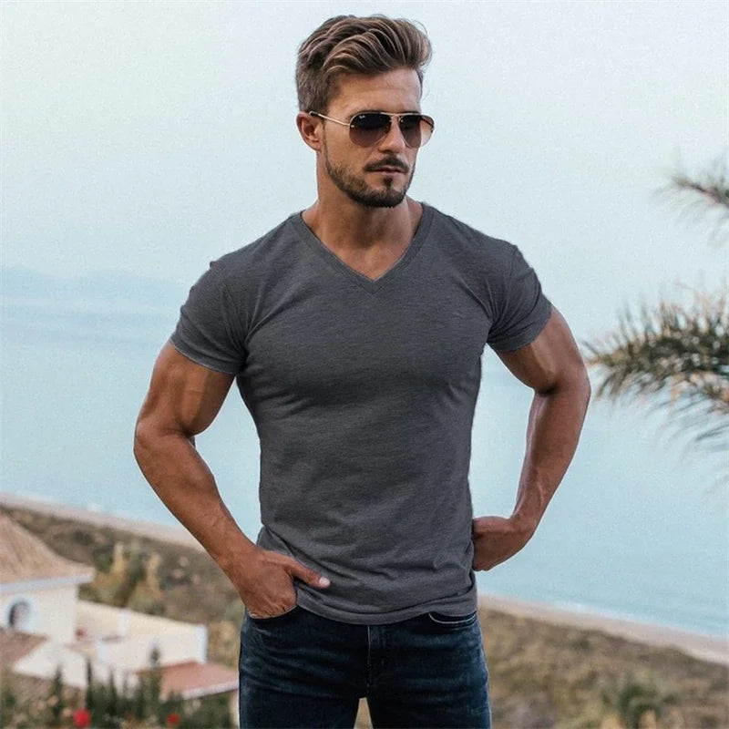 Men's V-Neck Short Sleeve Fitness T-Shirt
