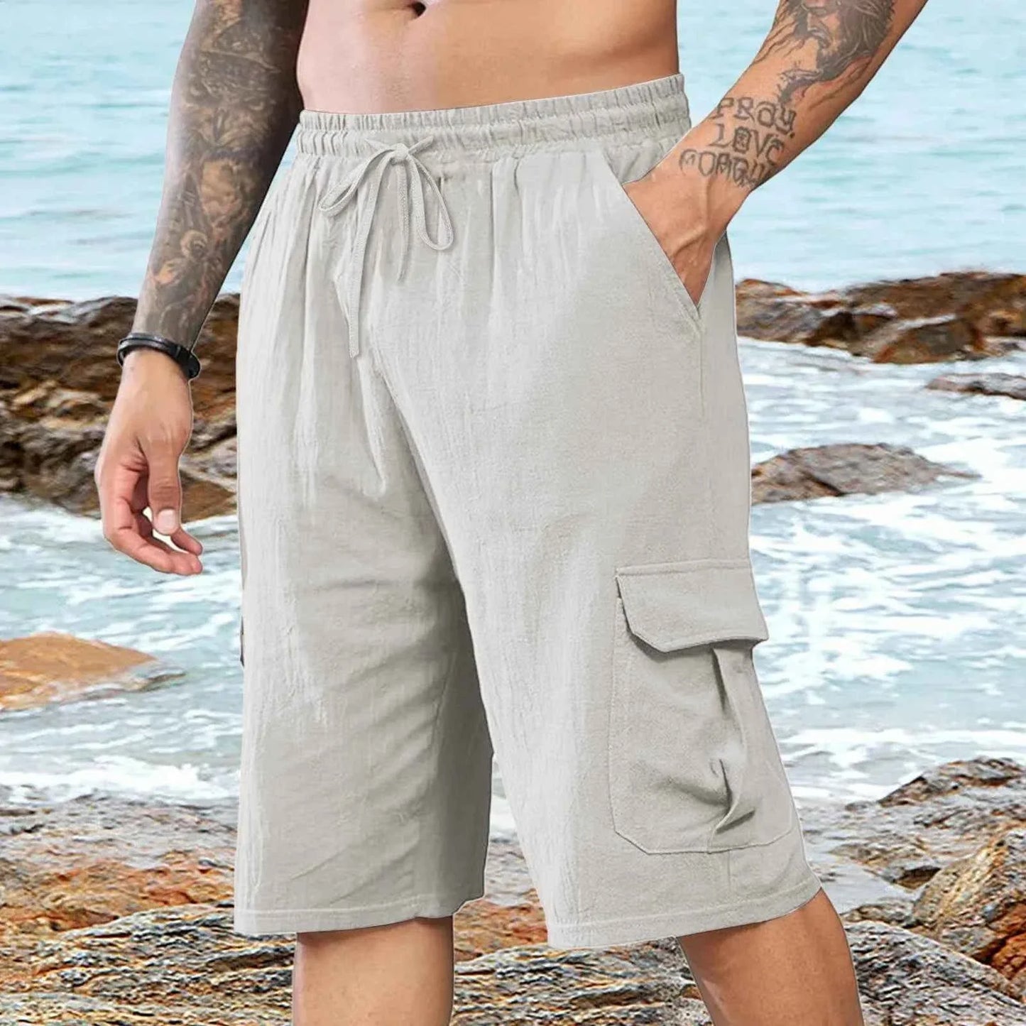 Shorts de plage en lin pour hommes avec taille élastique décontractée