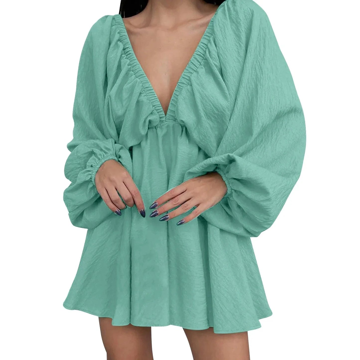 Mandotos Deep V Neck Retro Pleated Dress - Pink, Large Size