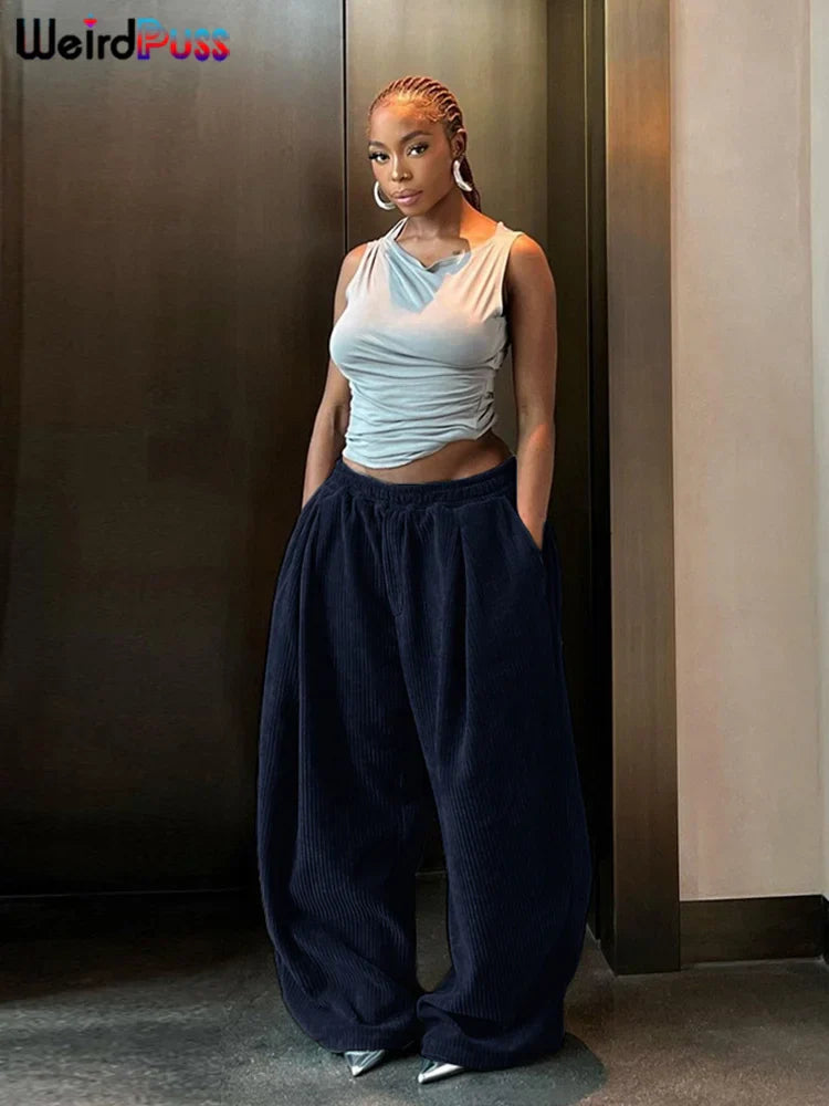 Pantalons larges en velours côtelé taille haute pour femmes
