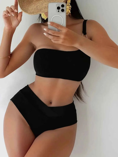 Metal Buckle One Shoulder Bikini Set
