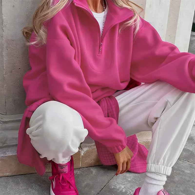 Sudadera con cremallera de forro polar de cordero CozyPink para mujer