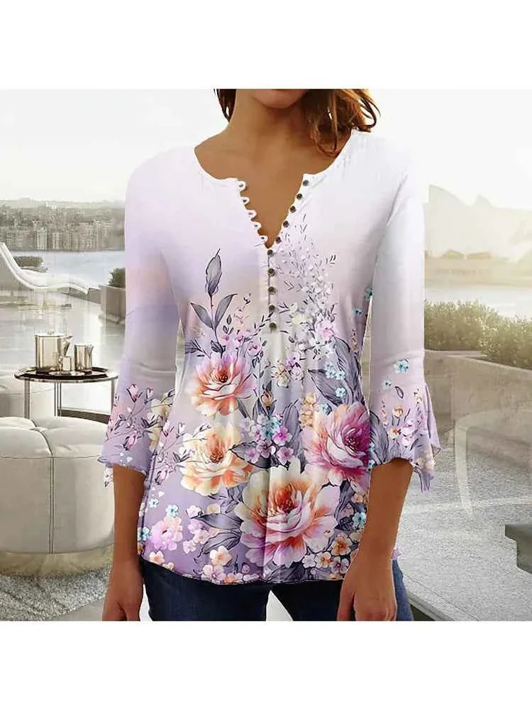 Elegant V-Neck Button T-Shirt for Women