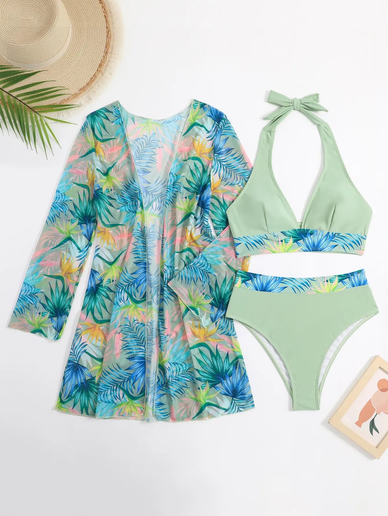 Elegant 3-Piece Halter Bikini Set with Kimono Cover-Up