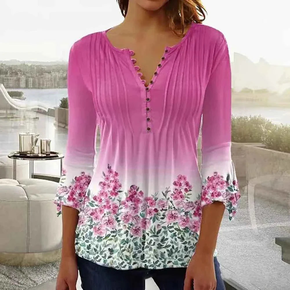 Elegant V-Neck Button T-Shirt for Women