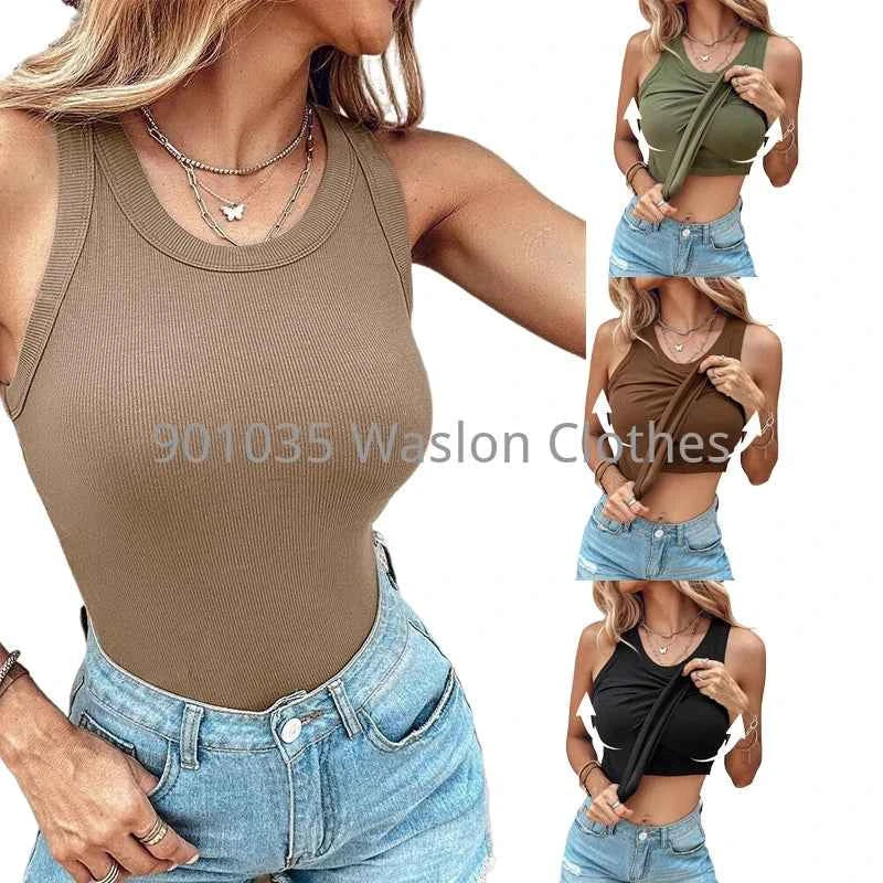 Summer Ribbed Tank Top with Built-In Bra Pads
