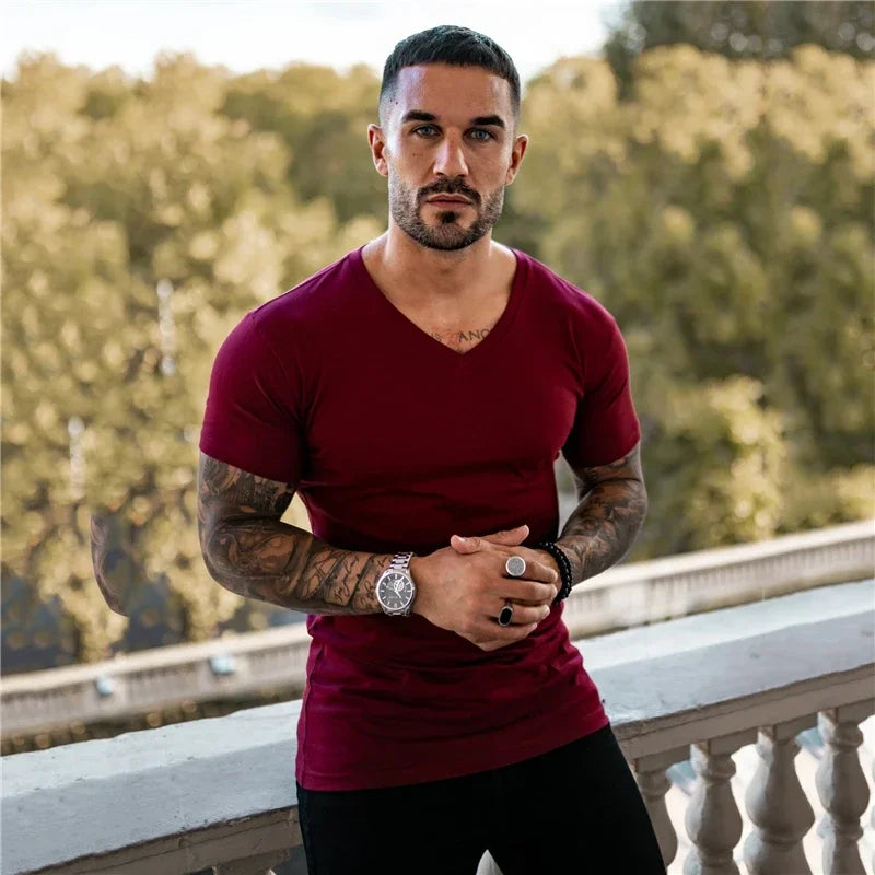 Men's V-Neck Short Sleeve Fitness T-Shirt