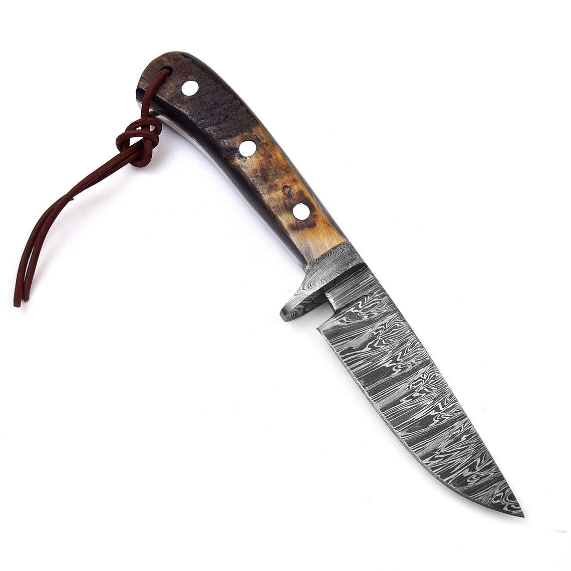 Artisan Crafted Hunting Knife with Unique Fire Pattern Damascus Blade and Sheep Horn Grip, 8.25-Inch Length with Leather Sheath - Korvel