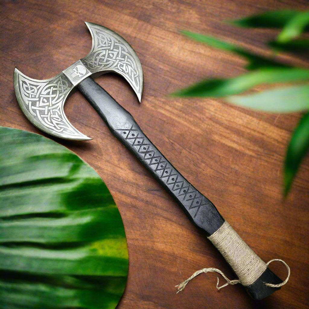 Thor's Fury Custom Viking Axe - Handcrafted 1095 Steel Blade with Engraved Ash Wood Handle - Korvel