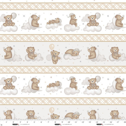Sleepy Teddy Oatmeal/Gray Border Stripe Cotton Fabric Per Yard