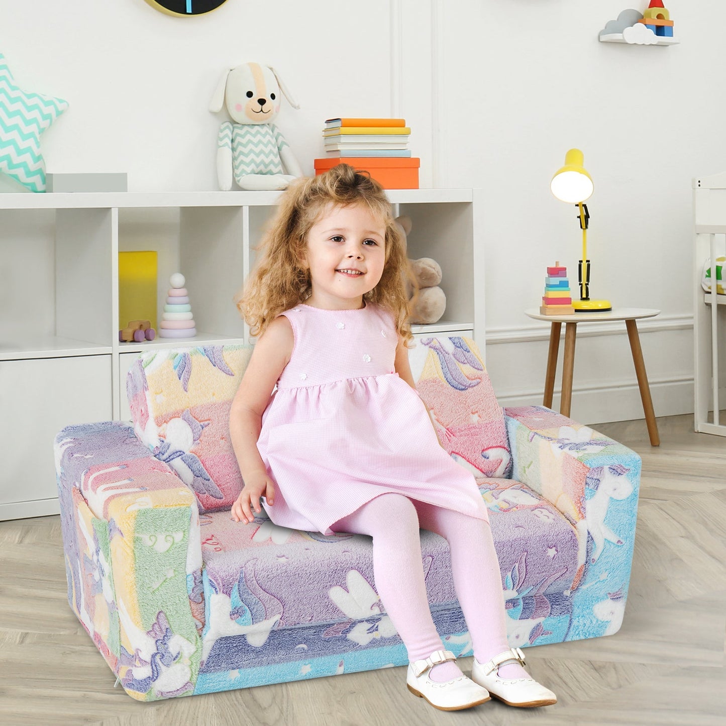 Sofá Silla 2 en 1 para Niños con Funda de Franela Desmontable y Patrones Brillantes