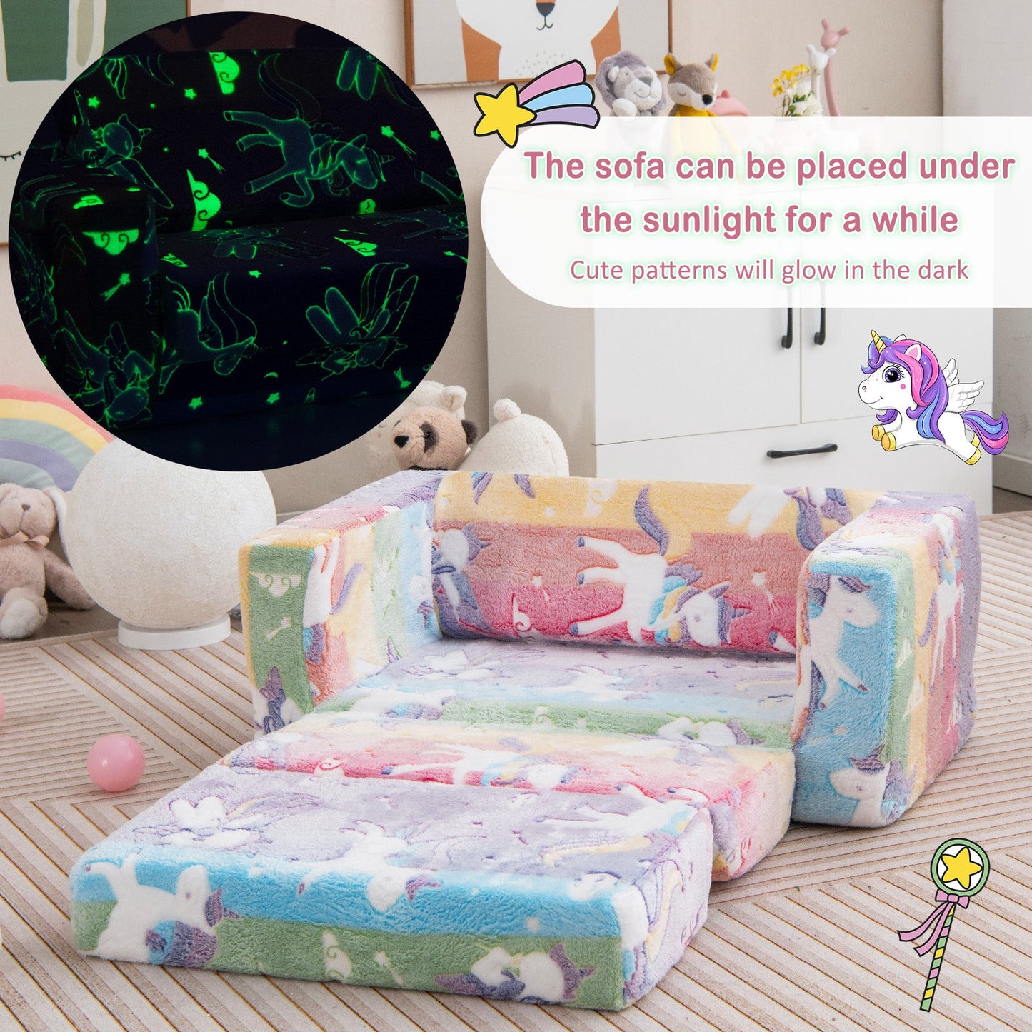 Sofá Silla 2 en 1 para Niños con Funda de Franela Desmontable y Patrones Brillantes