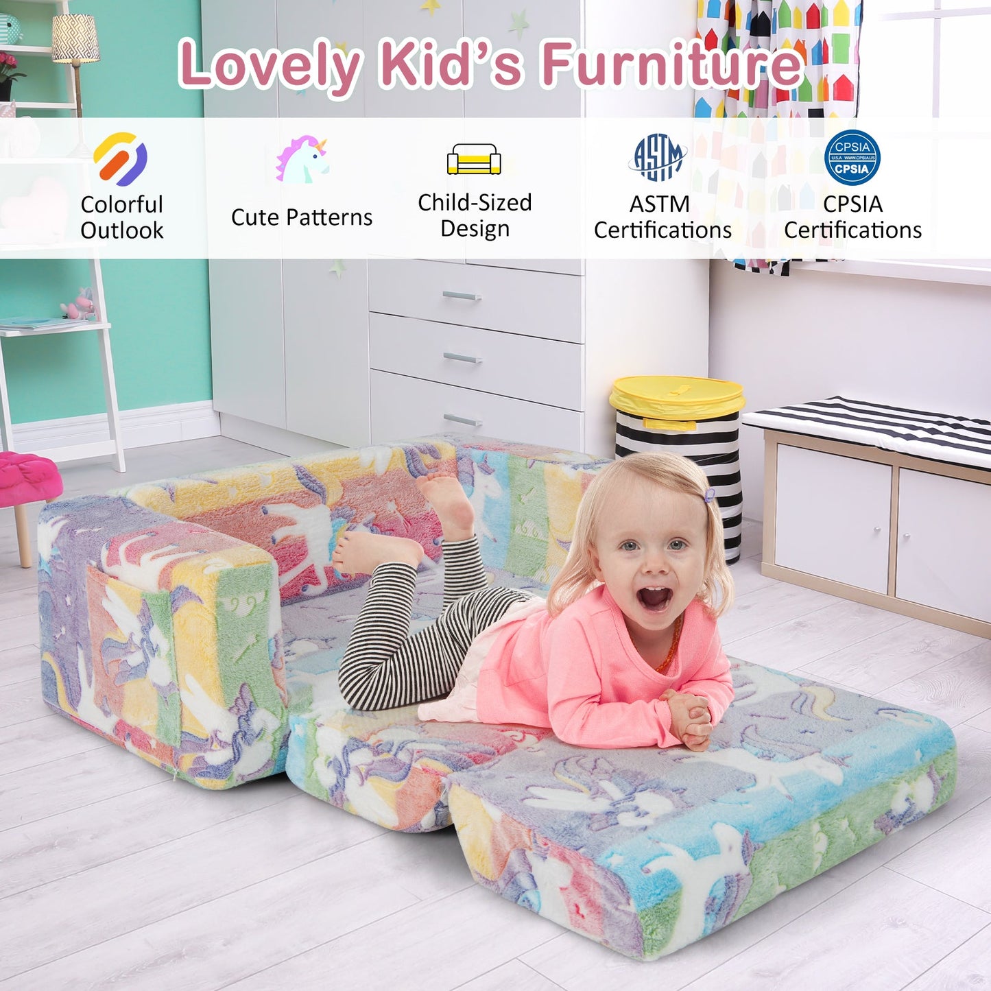 Sofá Silla 2 en 1 para Niños con Funda de Franela Desmontable y Patrones Brillantes