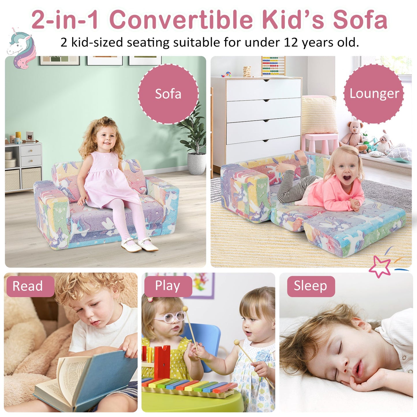 Sofá Silla 2 en 1 para Niños con Funda de Franela Desmontable y Patrones Brillantes