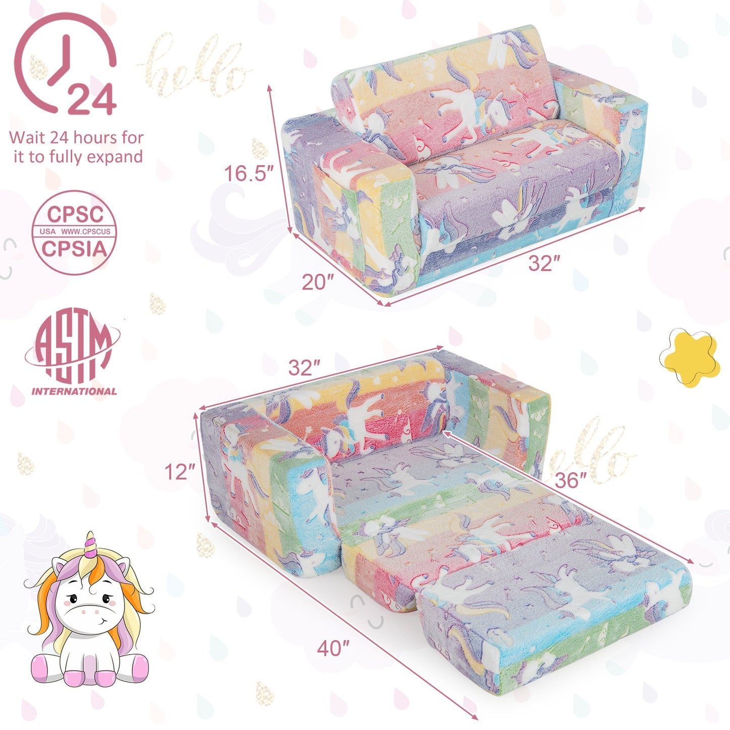 Sofá Silla 2 en 1 para Niños con Funda de Franela Desmontable y Patrones Brillantes