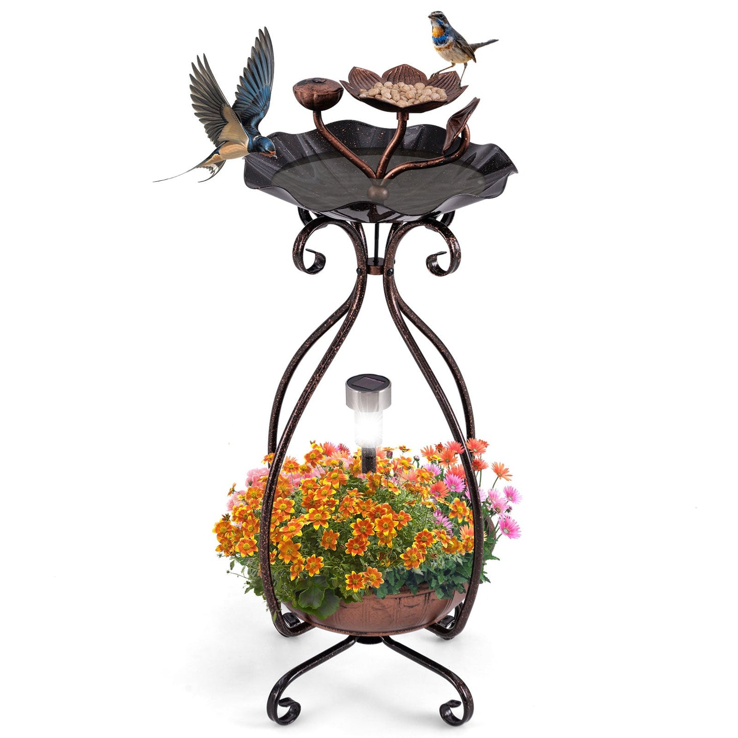 Fontaine à oiseaux extérieure solaire avec jardinière et lumières - Cuivre