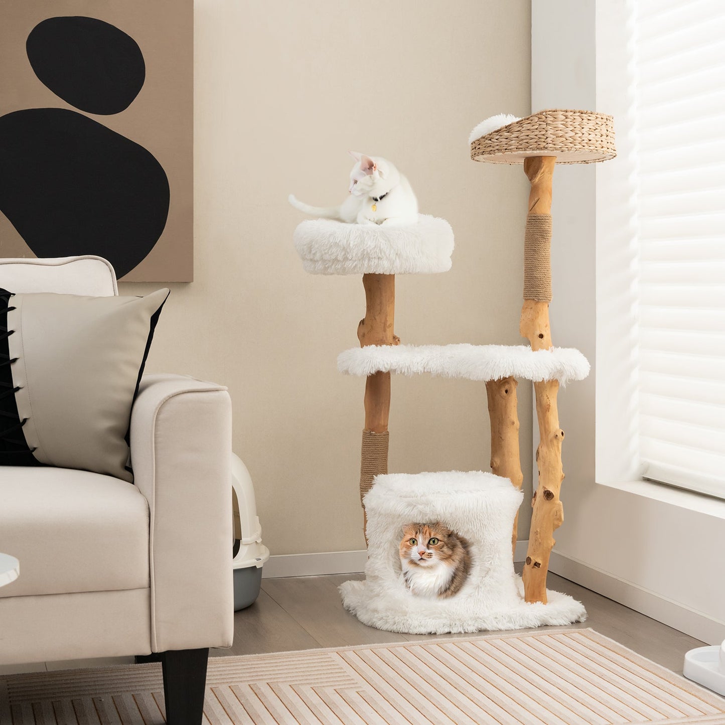 Torre para Gatos de Madera Sólida con Cesta de Cattail - Blanca
