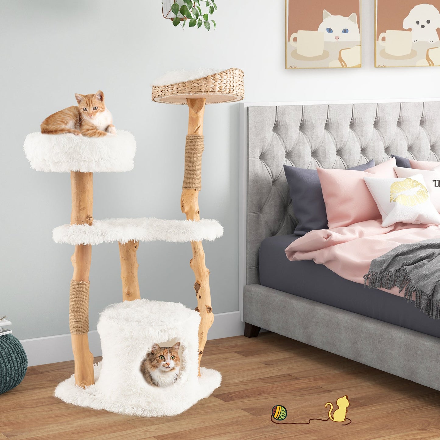 Torre para Gatos de Madera Sólida con Cesta de Cattail - Blanca