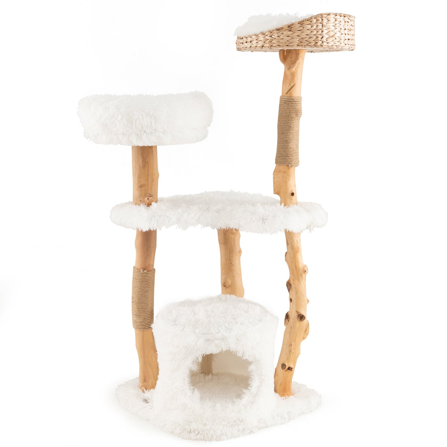 Torre para Gatos de Madera Sólida con Cesta de Cattail - Blanca