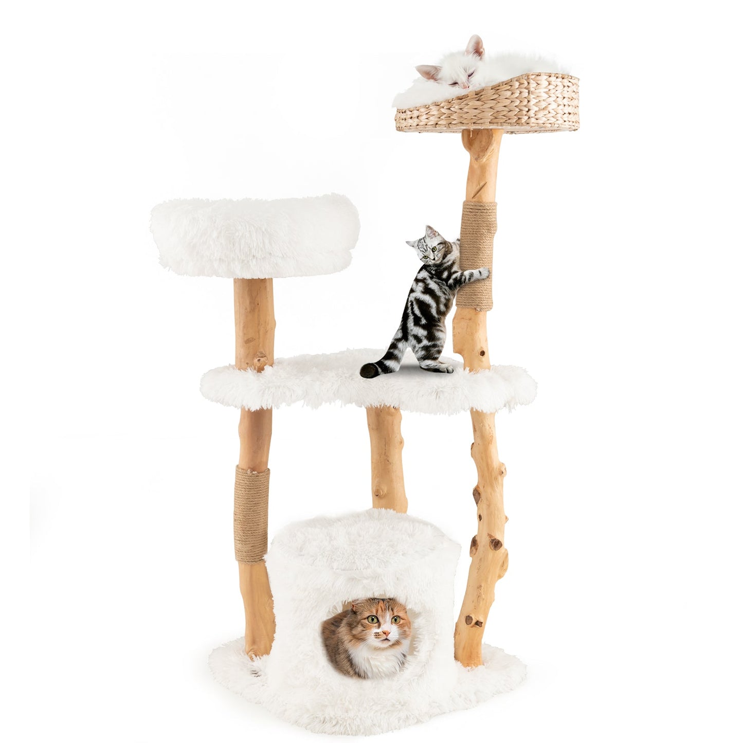 Torre para Gatos de Madera Sólida con Cesta de Cattail - Blanca