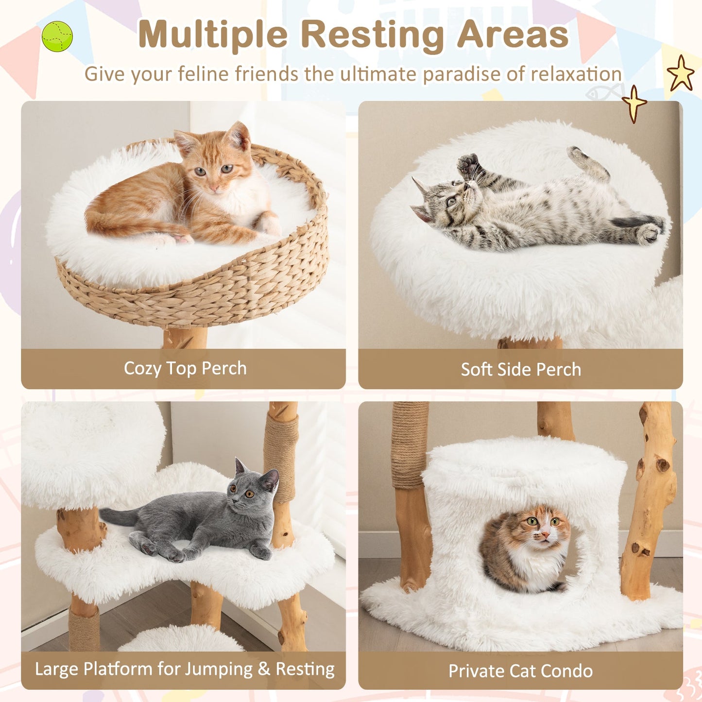 Torre para Gatos de Madera Sólida con Cesta de Cattail - Blanca