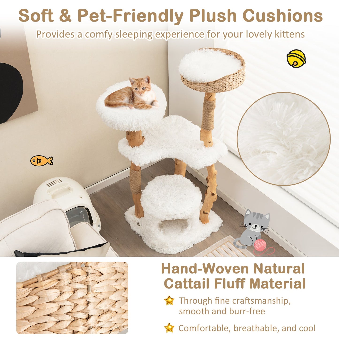 Torre para Gatos de Madera Sólida con Cesta de Cattail - Blanca